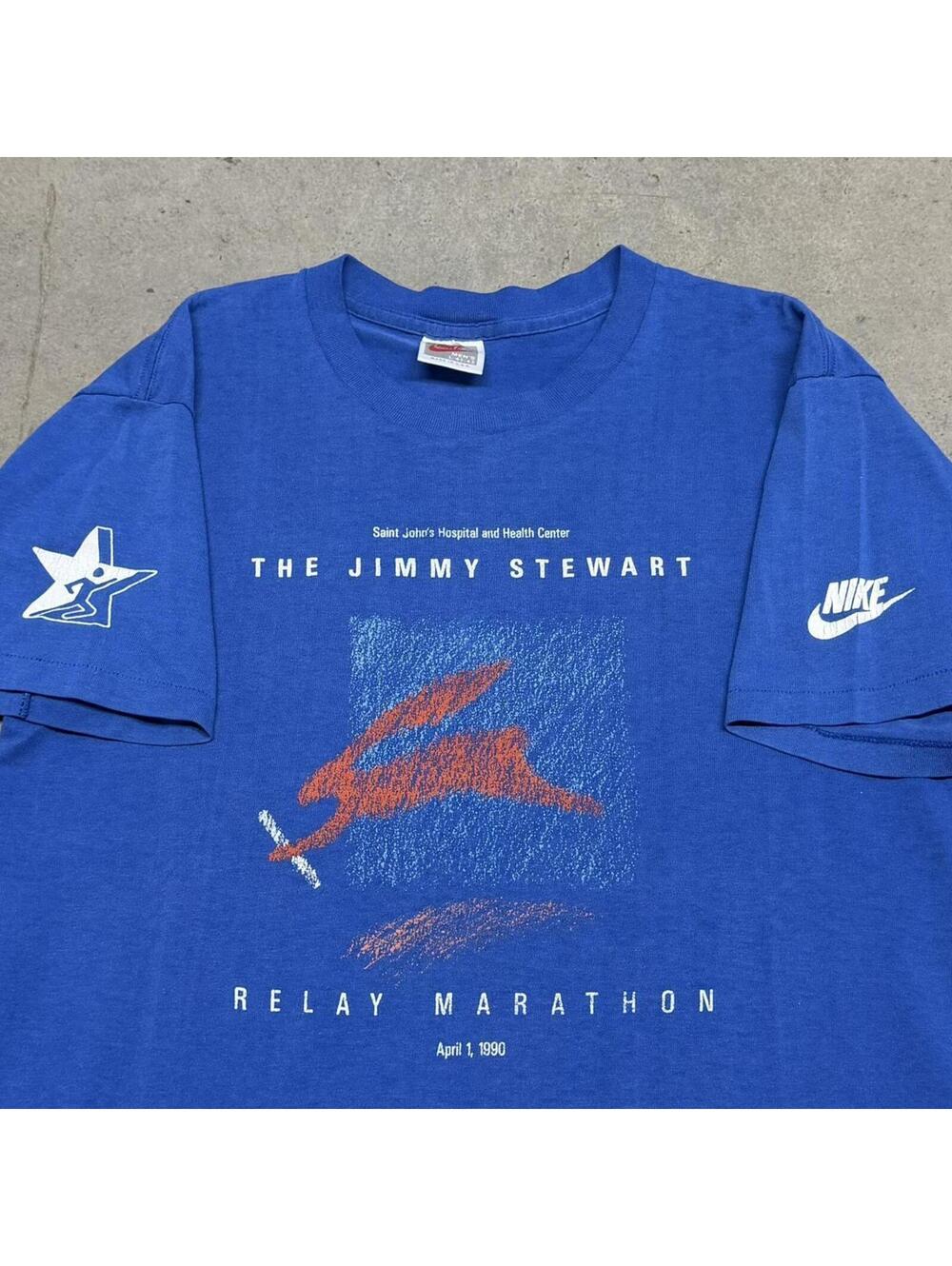 Vintage Nike Jimmy Stewart Marathon T Shirt Mens Large Blue 1980 Running Race